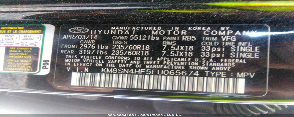 KM8SN4HF5EU065674 2014 HYUNDAI SANTA FE photo no. 9