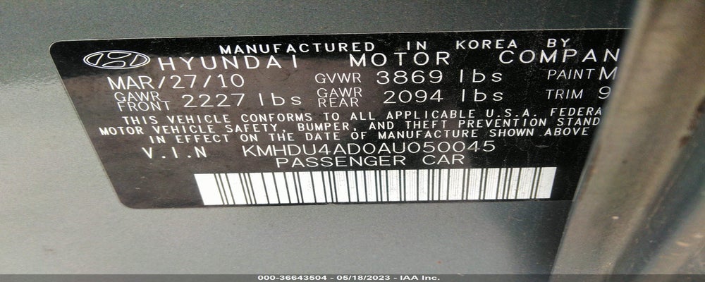 KMHDU4AD0AU050045 2010 HYUNDAI ELANTRA photo no. 9