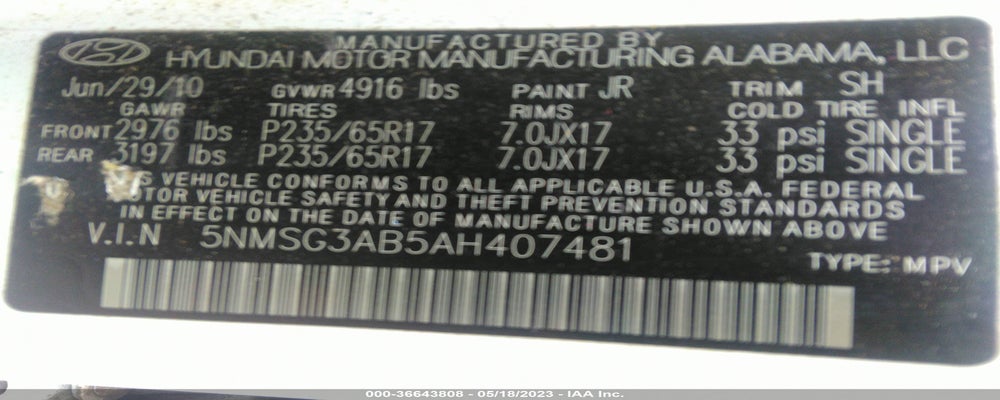 5NMSG3AB5AH407481 2010 HYUNDAI SANTA FE photo no. 9