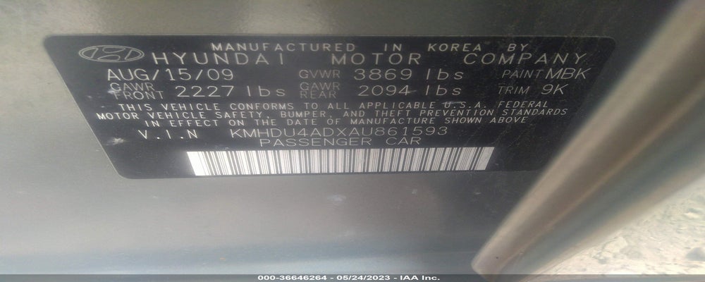 KMHDU4ADXAU861593 2010 HYUNDAI ELANTRA photo no. 9