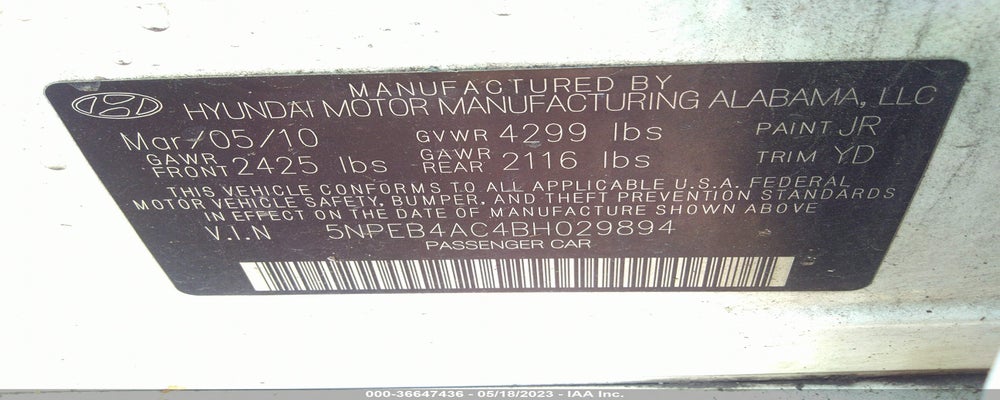 5NPEB4AC4BH029894 2011 HYUNDAI SONATA photo no. 9