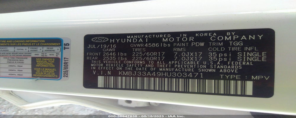 KM8J33A49HU303471 2017 HYUNDAI TUCSON photo no. 9
