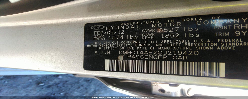 KMHCT4AEXCU219420 2012 HYUNDAI ACCENT photo no. 9