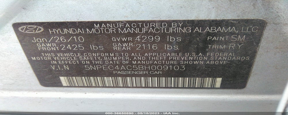 5NPEC4AC5BH009103 2011 HYUNDAI SONATA photo no. 9