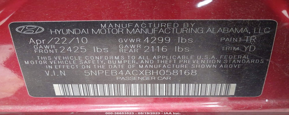 5NPEB4ACXBH058168 2011 HYUNDAI SONATA photo no. 9