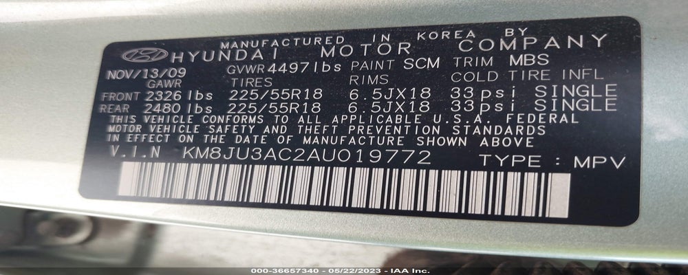 KM8JU3AC2AU019772 2010 HYUNDAI TUCSON photo no. 9