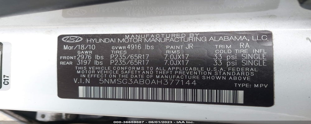5NMSG3AB0AH377144 2010 HYUNDAI SANTA FE photo no. 9