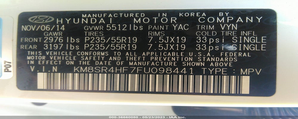 KM8SR4HF7FU098441 2015 HYUNDAI SANTA FE photo no. 9