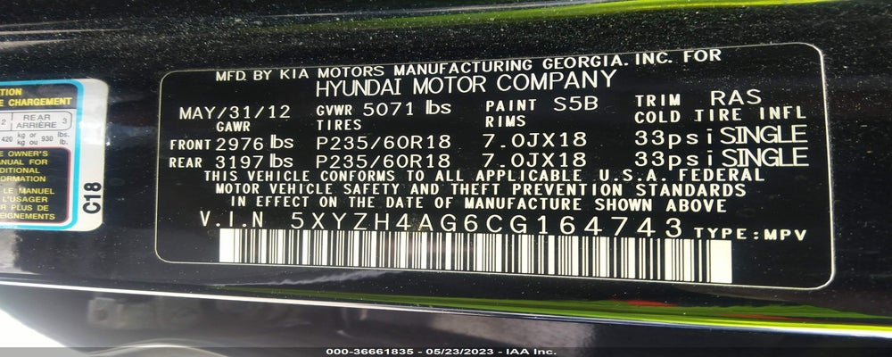 5XYZH4AG6CG164743 2012 HYUNDAI SANTA FE photo no. 9
