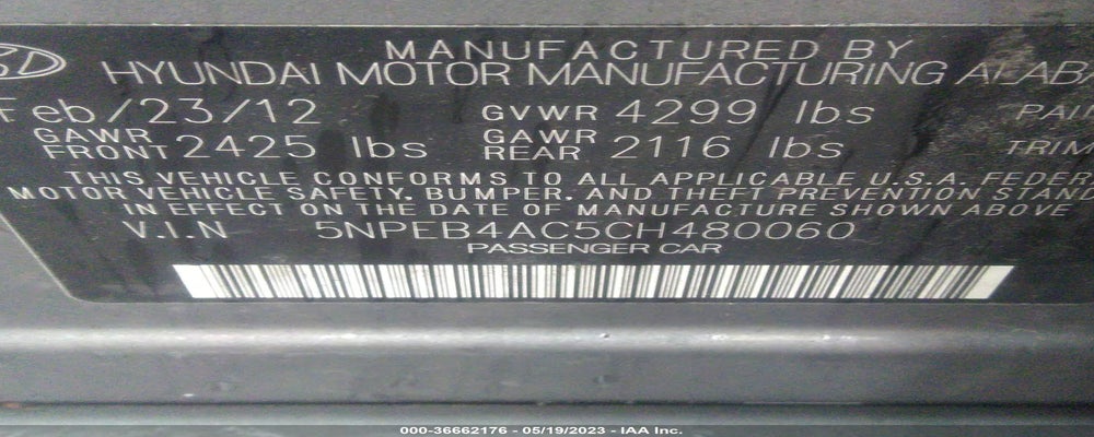 5NPEB4AC5CH480060 2012 HYUNDAI SONATA photo no. 9