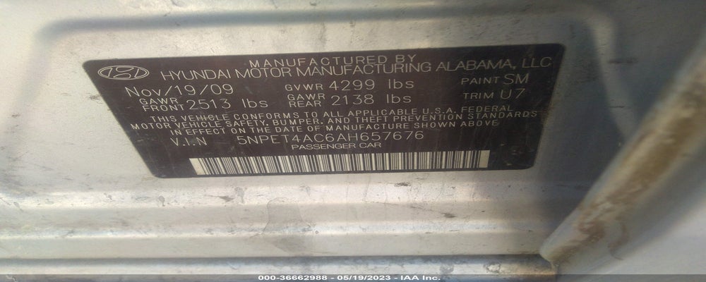 5NPET4AC6AH657676 2010 HYUNDAI SONATA photo no. 9