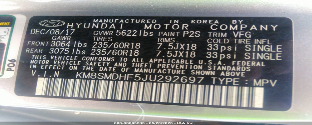KM8SMDHF5JU292697 2018 HYUNDAI SANTA FE photo no. 9