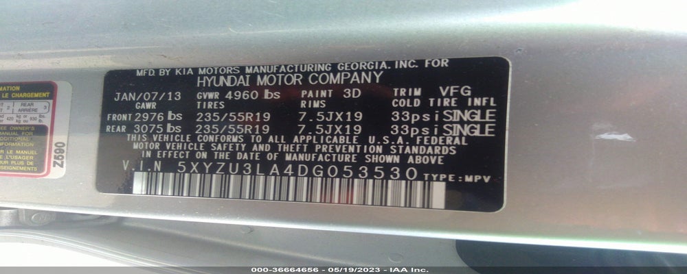 5XYZU3LA4DG053530 2013 HYUNDAI SANTA FE photo no. 9