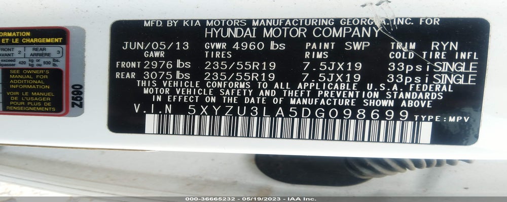 5XYZU3LA5DG098699 2013 HYUNDAI SANTA FE photo no. 9