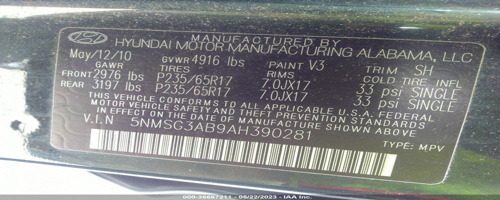 5NMSG3AB9AH390281 2010 HYUNDAI SANTA FE photo no. 9
