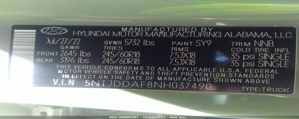 5NTJDDAF8NH037490 2022 HYUNDAI SANTA CRUZ photo no. 9