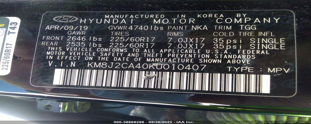 KM8J2CA40KU010407 2019 HYUNDAI TUCSON photo no. 9