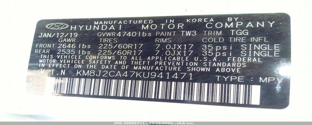 KM8J2CA47KU941471 2019 HYUNDAI TUCSON photo no. 9