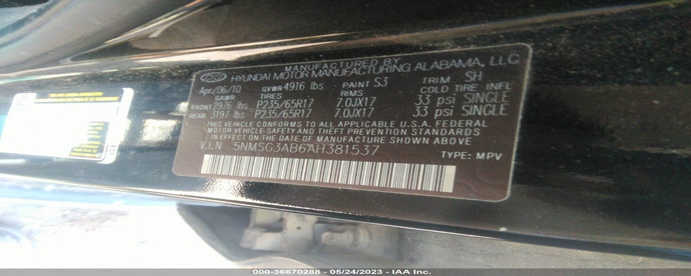 5NMSG3AB6AH381537 2010 HYUNDAI SANTA FE photo no. 9