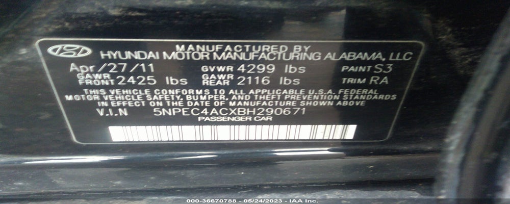 5NPEC4ACXBH290671 2011 HYUNDAI SONATA photo no. 9
