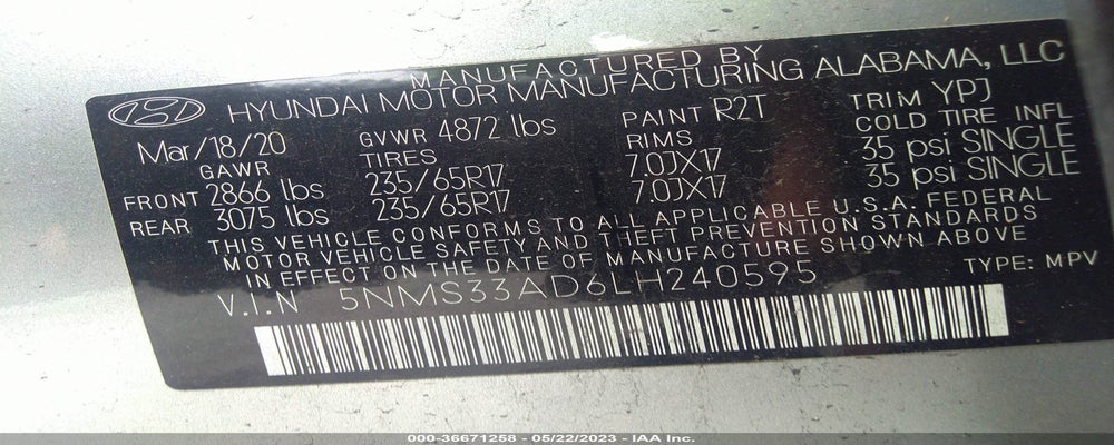5NMS33AD6LH240595 2020 HYUNDAI SANTA FE photo no. 9