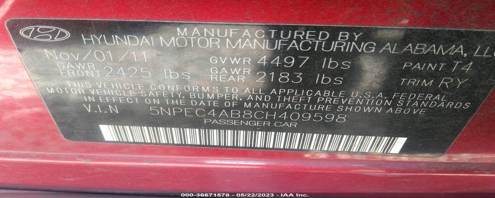 5NPEC4AB8CH409598 2012 HYUNDAI SONATA photo no. 9