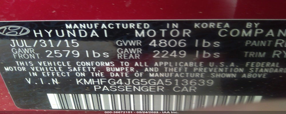 KMHFG4JG5GA513639 2016 HYUNDAI AZERA photo no. 9