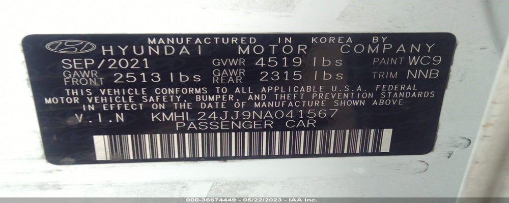 KMHL24JJ9NA041567 2022 HYUNDAI SONATA HYBRID photo no. 9