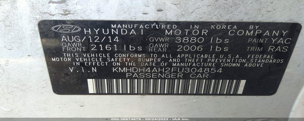 KMHDH4AH2FU304854 2015 HYUNDAI ELANTRA photo no. 9