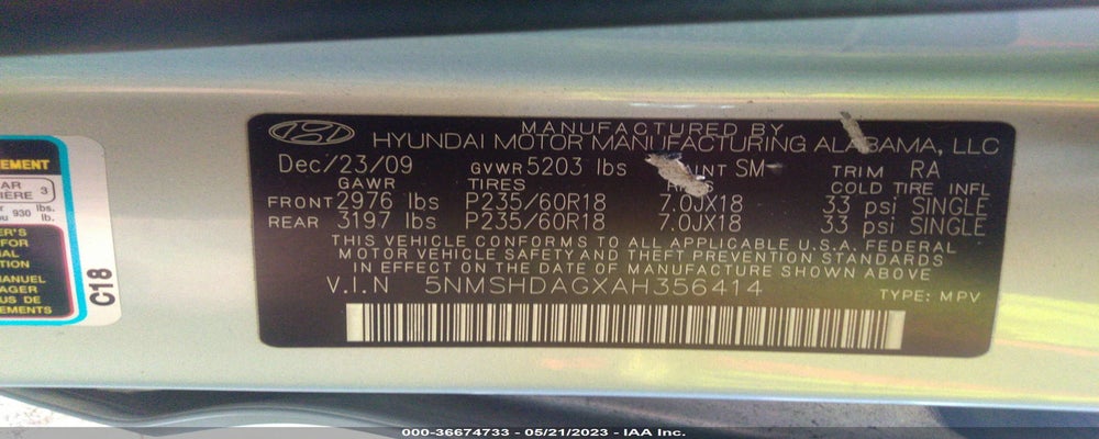 5NMSHDAGXAH356414 2010 HYUNDAI SANTA FE photo no. 9