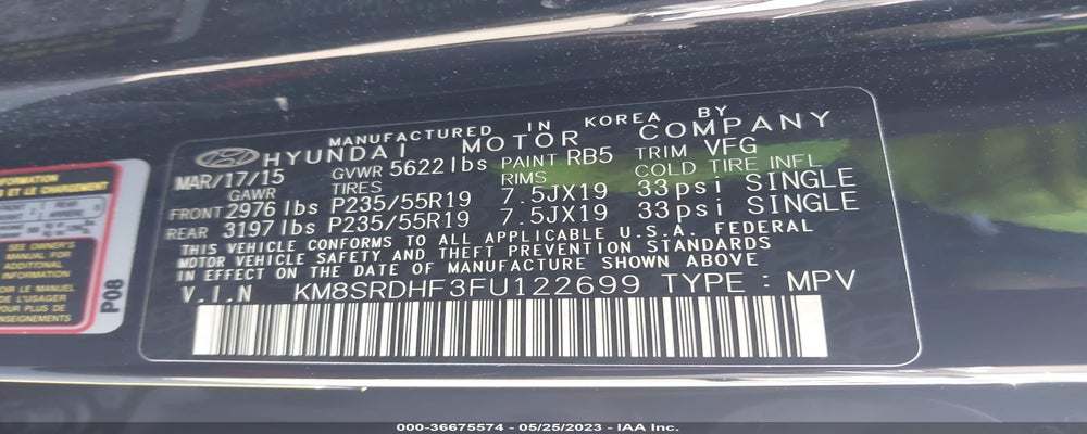 KM8SRDHF3FU122699 2015 HYUNDAI SANTA FE photo no. 9
