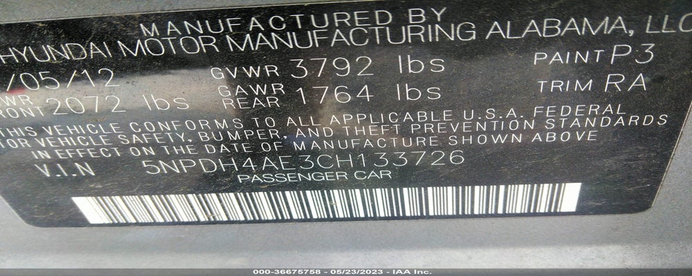 5NPDH4AE3CH133726 2012 HYUNDAI ELANTRA photo no. 9