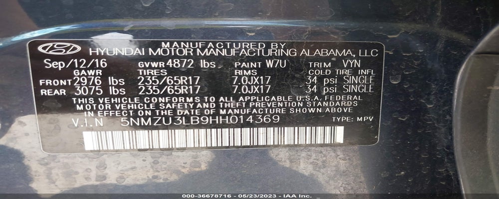 5NMZU3LB9HH014369 2017 HYUNDAI SANTA FE SPORT photo no. 9