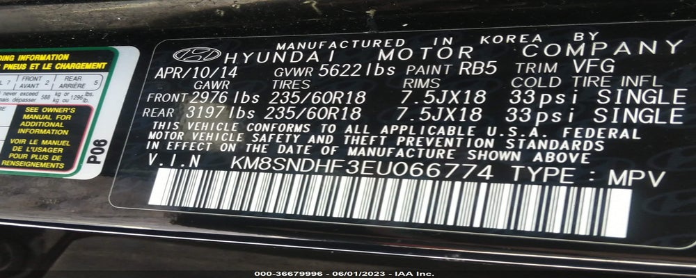 KM8SNDHF3EU066774 2014 HYUNDAI SANTA FE photo no. 9