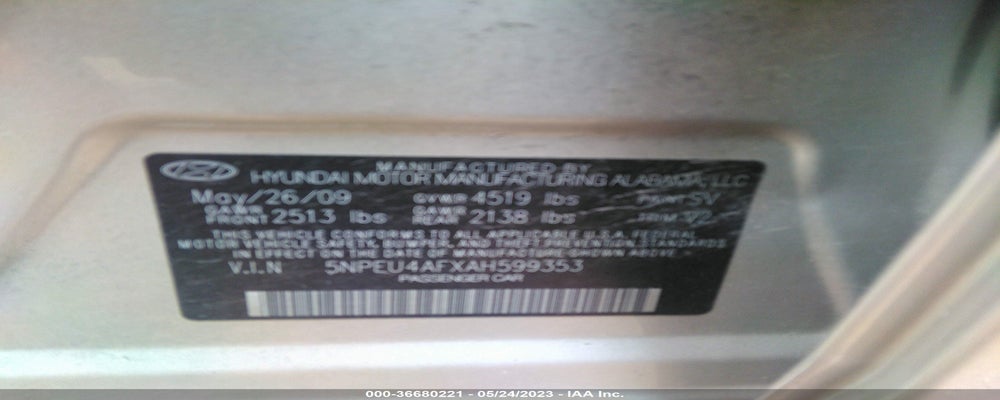 5NPEU4AFXAH599353 2010 HYUNDAI SONATA photo no. 9