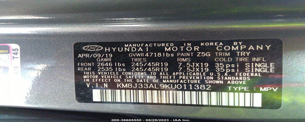 KM8J33AL9KU011382 2019 HYUNDAI TUCSON photo no. 9