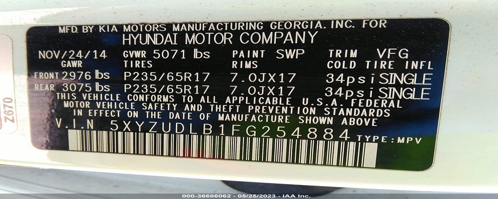 5XYZUDLB1FG254884 2015 HYUNDAI SANTA FE SPORT photo no. 9