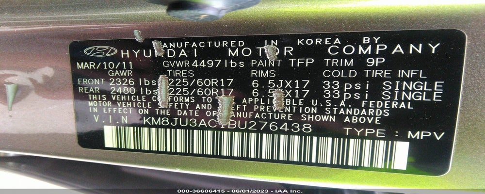 KM8JU3AC1BU276438 2011 HYUNDAI TUCSON photo no. 9