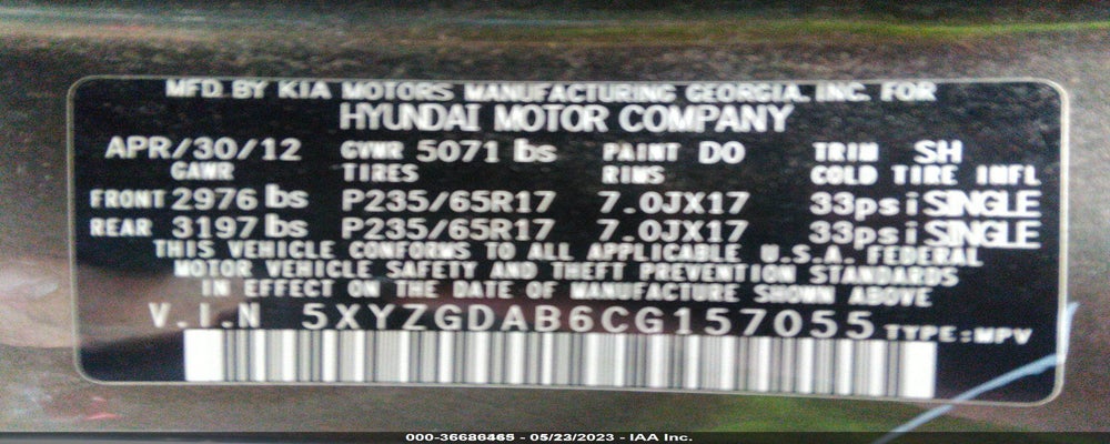 5XYZGDAB6CG157055 2012 HYUNDAI SANTA FE photo no. 9