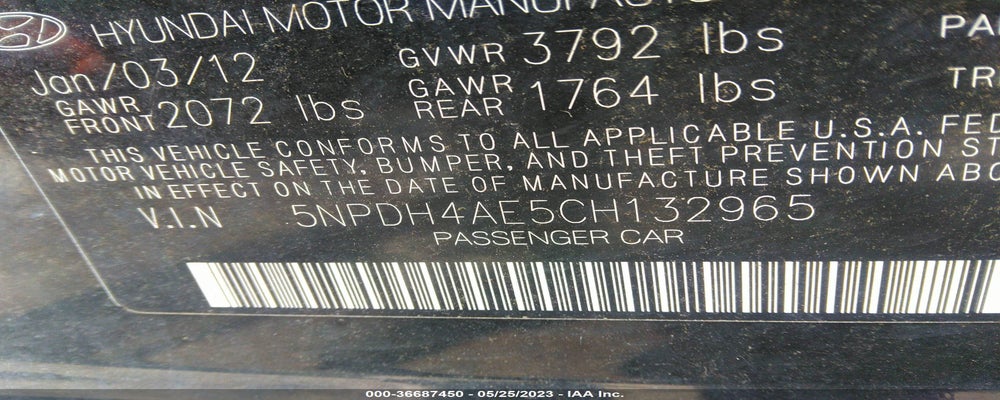 5NPDH4AE5CH132965 2012 HYUNDAI ELANTRA photo no. 9