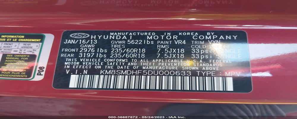KM8SMDHF5DU000633 2013 HYUNDAI SANTA FE photo no. 9