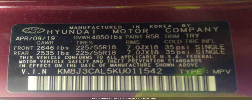KM8J3CAL5KU011542 2019 HYUNDAI TUCSON photo no. 9
