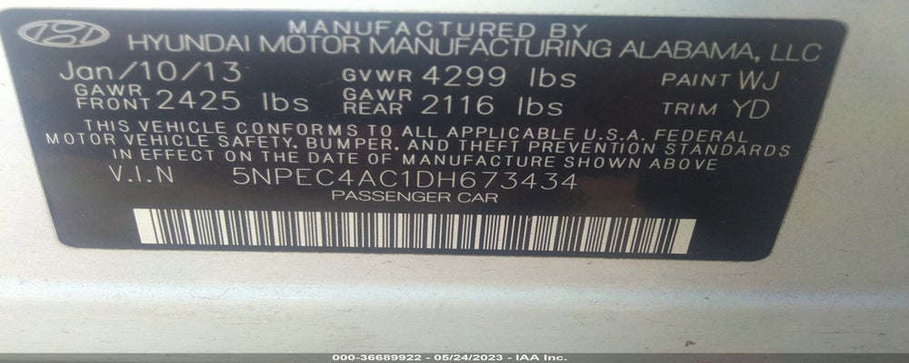 5NPEC4AC1DH673434 2013 HYUNDAI SONATA photo no. 9
