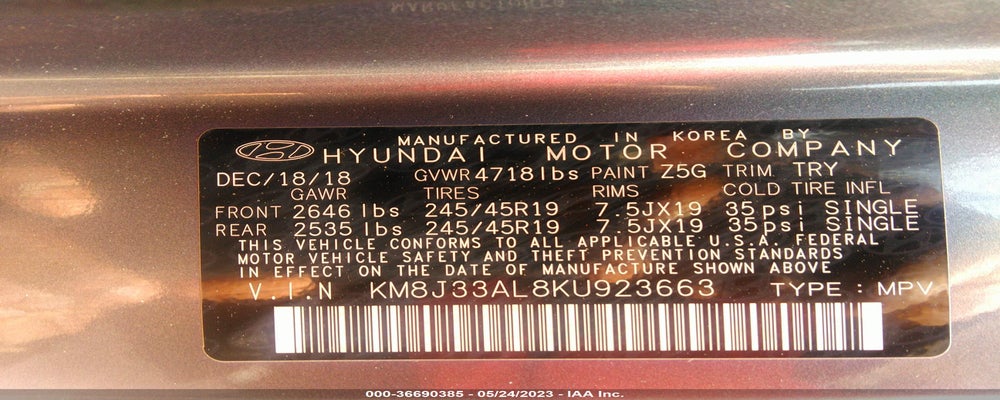 KM8J33AL8KU923663 2019 HYUNDAI TUCSON photo no. 9