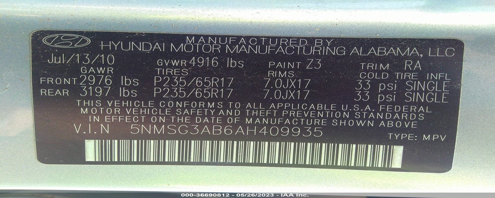5NMSG3AB6AH409935 2010 HYUNDAI SANTA FE photo no. 9