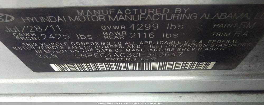 5NPEC4AC3CH343647 2012 HYUNDAI SONATA photo no. 9