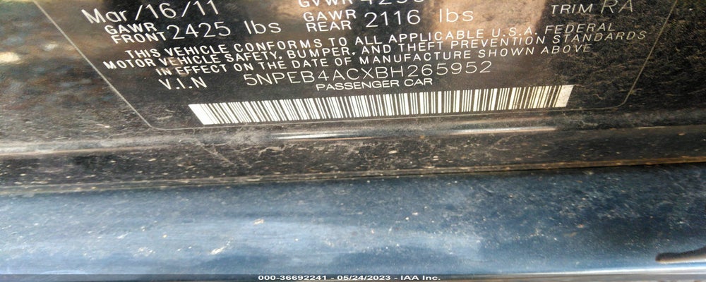 5NPEB4ACXBH265952 2011 HYUNDAI SONATA photo no. 9