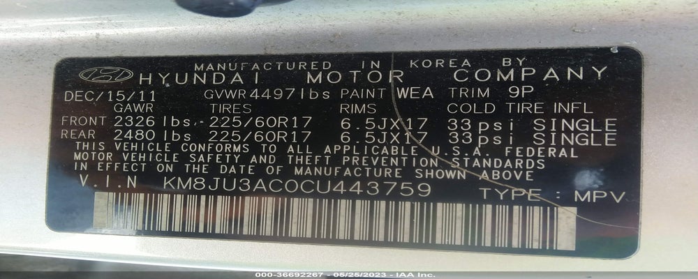 KM8JU3AC0CU443759 2012 HYUNDAI TUCSON photo no. 9