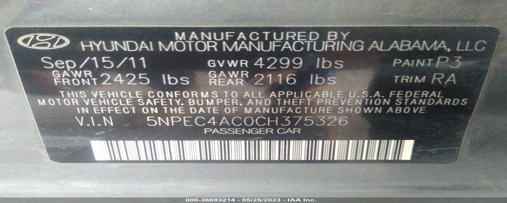5NPEC4AC0CH375326 2012 HYUNDAI SONATA photo no. 9