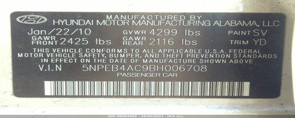 5NPEB4AC9BH006708 2011 HYUNDAI SONATA photo no. 9